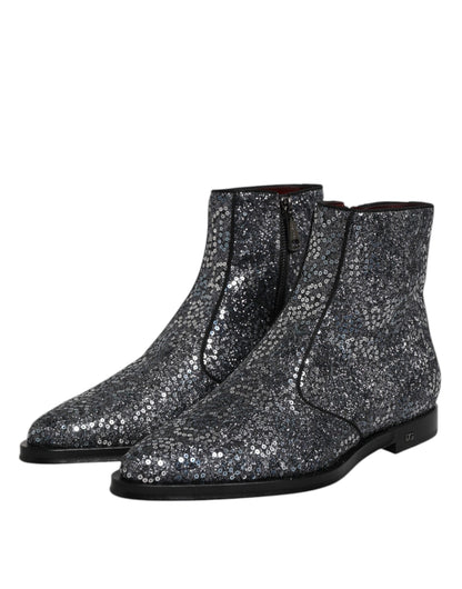 Dolce &amp; Gabbana Dunkelgraue Chelsea-Stiefel aus Baumwolle mit Pailletten