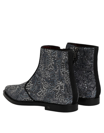 Dolce &amp; Gabbana Dunkelgraue Chelsea-Stiefel aus Baumwolle mit Pailletten