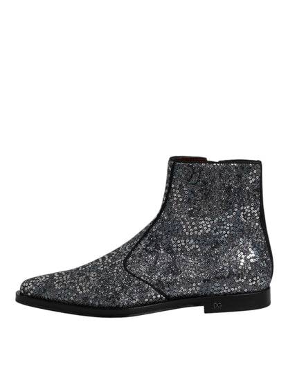 Dolce &amp; Gabbana Dunkelgraue Chelsea-Stiefel aus Baumwolle mit Pailletten