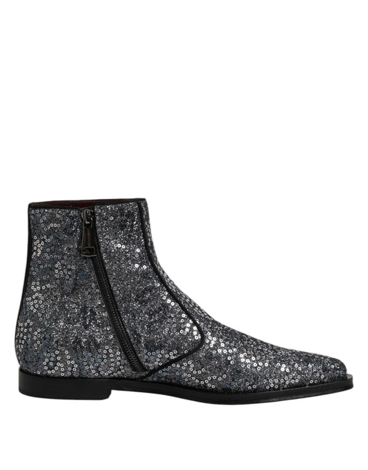Dolce &amp; Gabbana Dunkelgraue Chelsea-Stiefel aus Baumwolle mit Pailletten