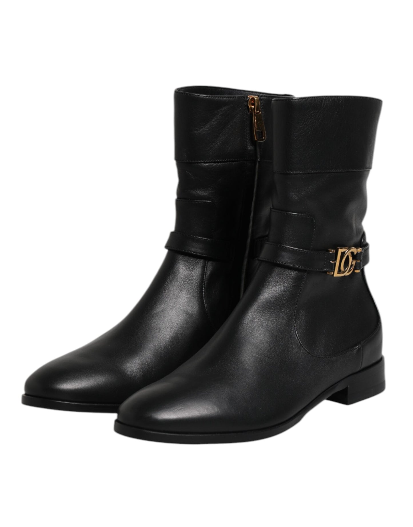 Dolce &amp; Gabbana Schwarze Leder-Flats Logo Kurze Stiefel Schuhe