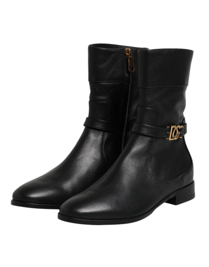 Dolce &amp; Gabbana Schwarze Leder-Flats Logo Kurze Stiefel Schuhe