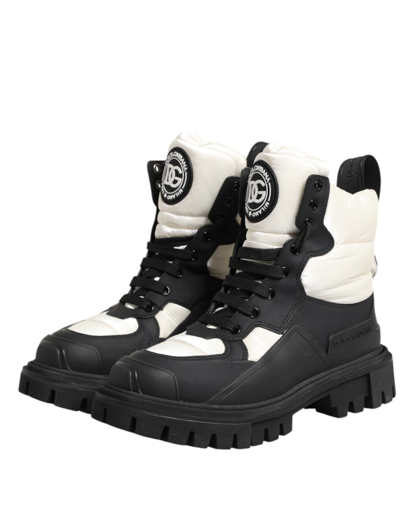 Dolce &amp; Gabbana – Gepolsterte, kurze Stiefel mit Schnürung in Schwarz und Weiß