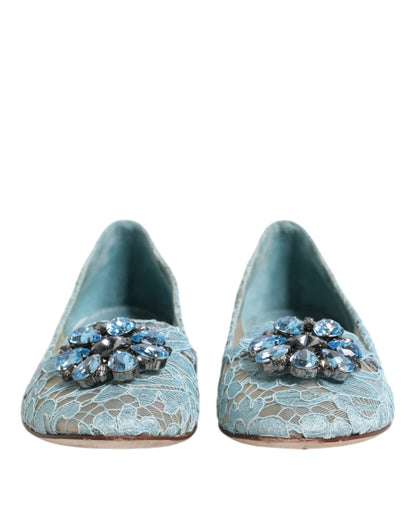 Dolce &amp; Gabbana Blaue Spitzen-Ballerinas mit Kristallen, Halbschuhe