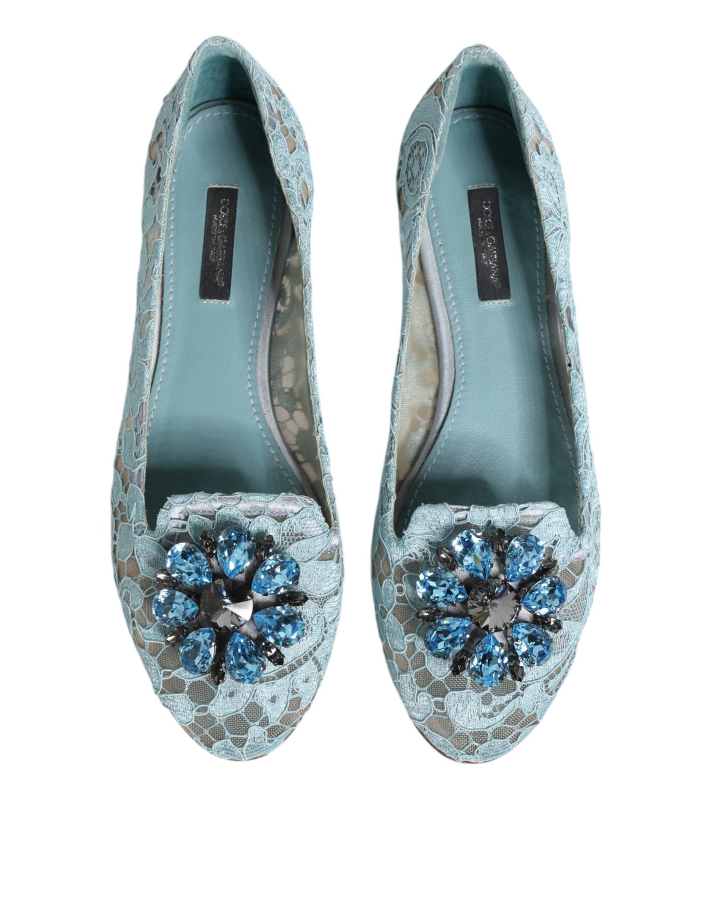 Dolce &amp; Gabbana Blaue Spitzen-Ballerinas mit Kristallen, Halbschuhe