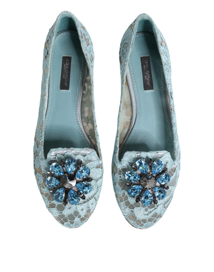 Dolce &amp; Gabbana Blaue Spitzen-Ballerinas mit Kristallen, Halbschuhe