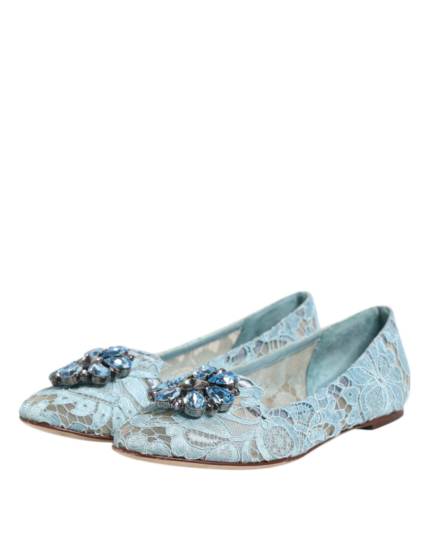 Dolce &amp; Gabbana Blaue Spitzen-Ballerinas mit Kristallen, Halbschuhe