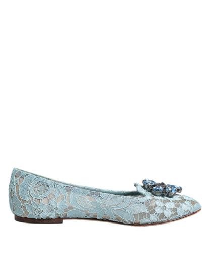 Dolce &amp; Gabbana Blaue Spitzen-Ballerinas mit Kristallen, Halbschuhe