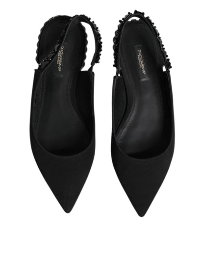 Dolce &amp; Gabbana – Schwarze Slingback-Schuhe aus Charmeuse mit Kristallen