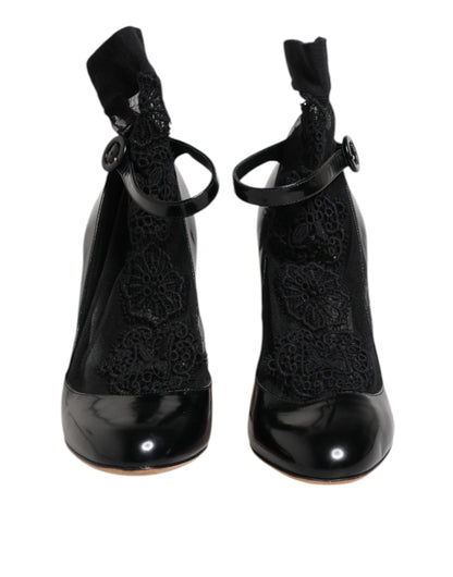 Dolce &amp; Gabbana Schwarze Leder-Spitzensocken Heels Pumps Schuhe
