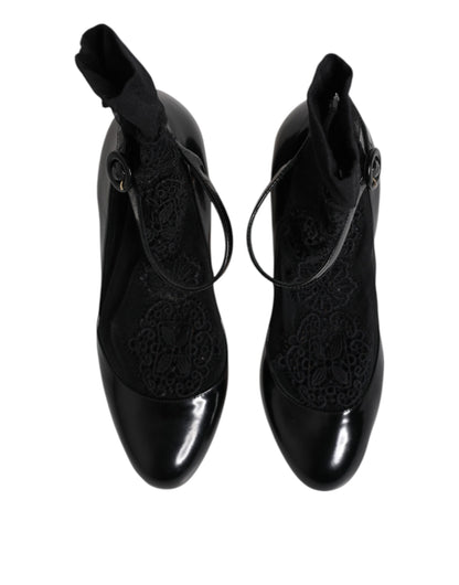 Dolce &amp; Gabbana Schwarze Leder-Spitzensocken Heels Pumps Schuhe
