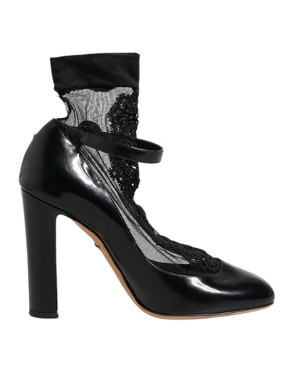 Dolce &amp; Gabbana Schwarze Leder-Spitzensocken Heels Pumps Schuhe