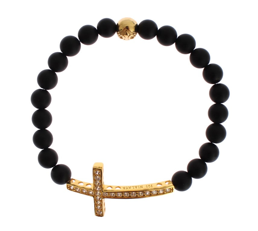 Nialaya Armband mit mattiertem Onyx-Stein und goldenem Zirkonia-Kreuz aus 925er Silber