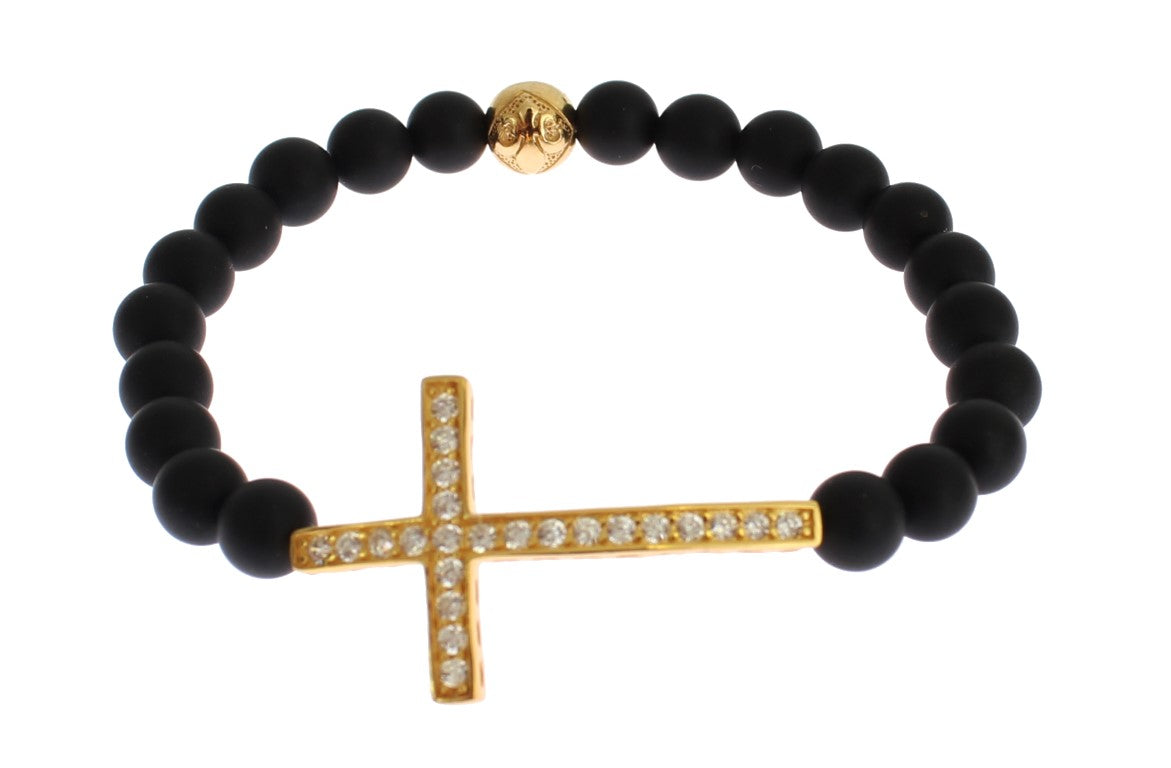 Nialaya Armband mit mattiertem Onyx-Stein und goldenem Zirkonia-Kreuz aus 925er Silber
