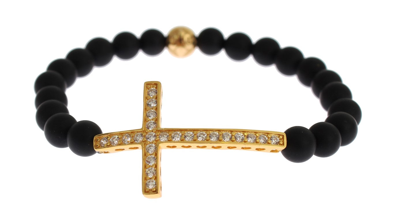 Nialaya Armband mit mattiertem Onyx-Stein und goldenem Zirkonia-Kreuz aus 925er Silber