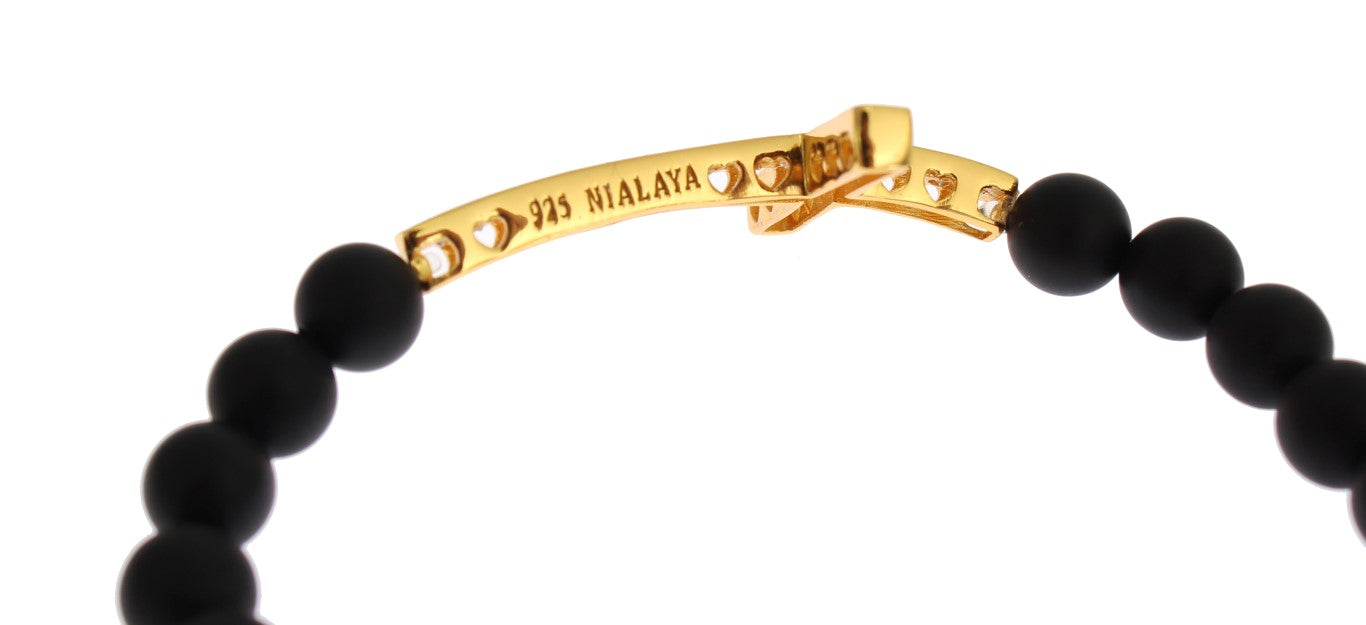 Nialaya Armband mit mattiertem Onyx-Stein und goldenem Zirkonia-Kreuz aus 925er Silber