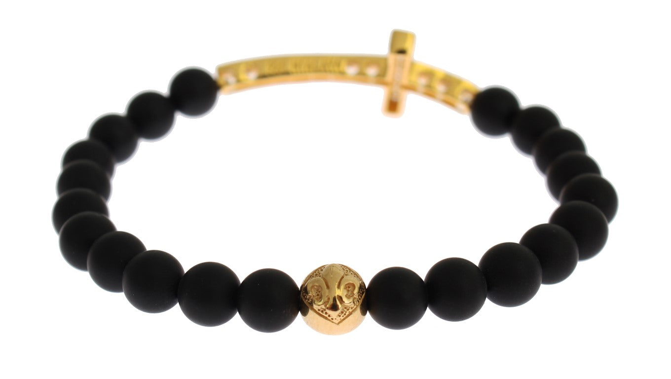 Nialaya Armband mit mattiertem Onyx-Stein und goldenem Zirkonia-Kreuz aus 925er Silber