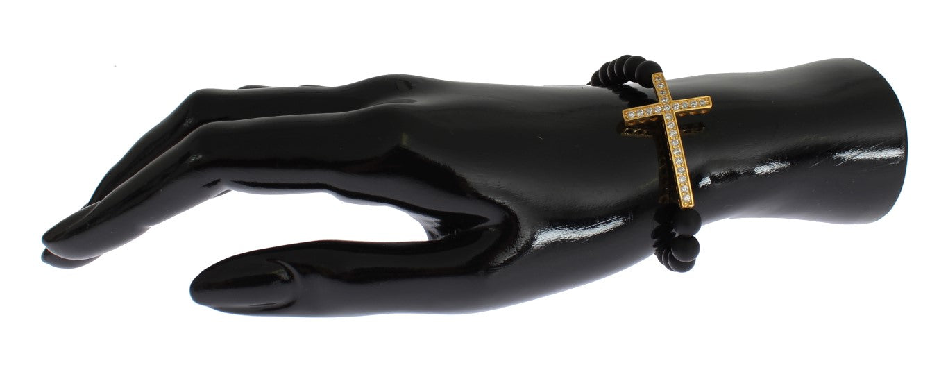 Nialaya Armband mit mattiertem Onyx-Stein und goldenem Zirkonia-Kreuz aus 925er Silber