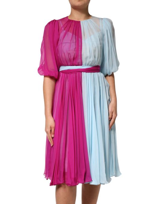 Dolce &amp; Gabbana – Zweifarbiges Midikleid aus Seide in Fuchsia-Hellblau