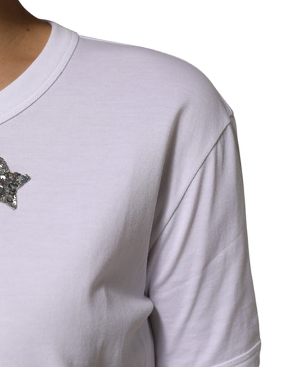 Dolce &amp; Gabbana – Weißes T-Shirt aus Baumwolle mit Paillettenverzierung