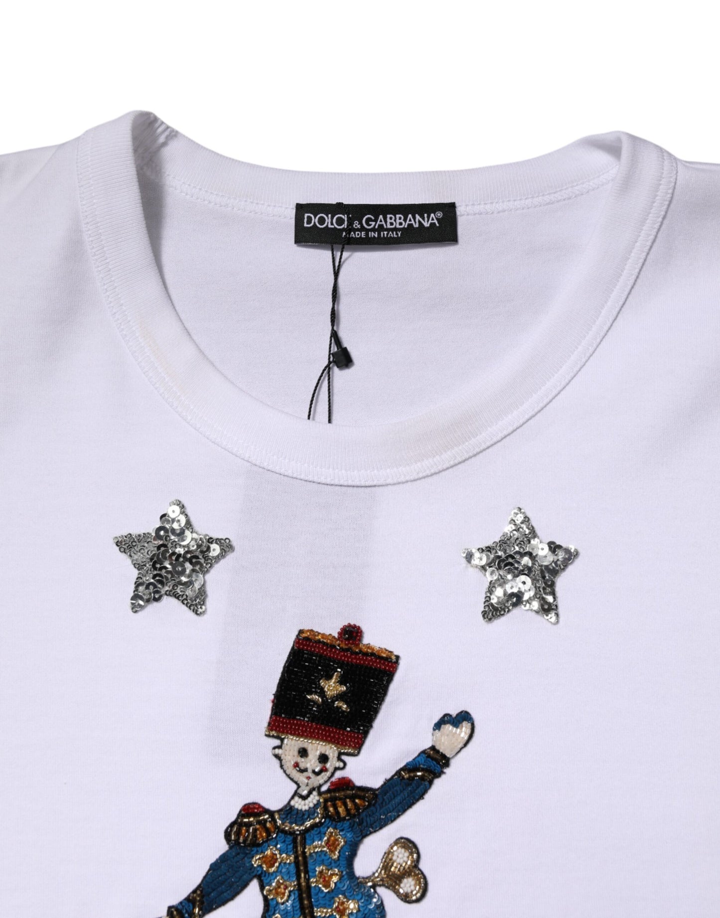 Dolce &amp; Gabbana – Weißes T-Shirt aus Baumwolle mit Paillettenverzierung