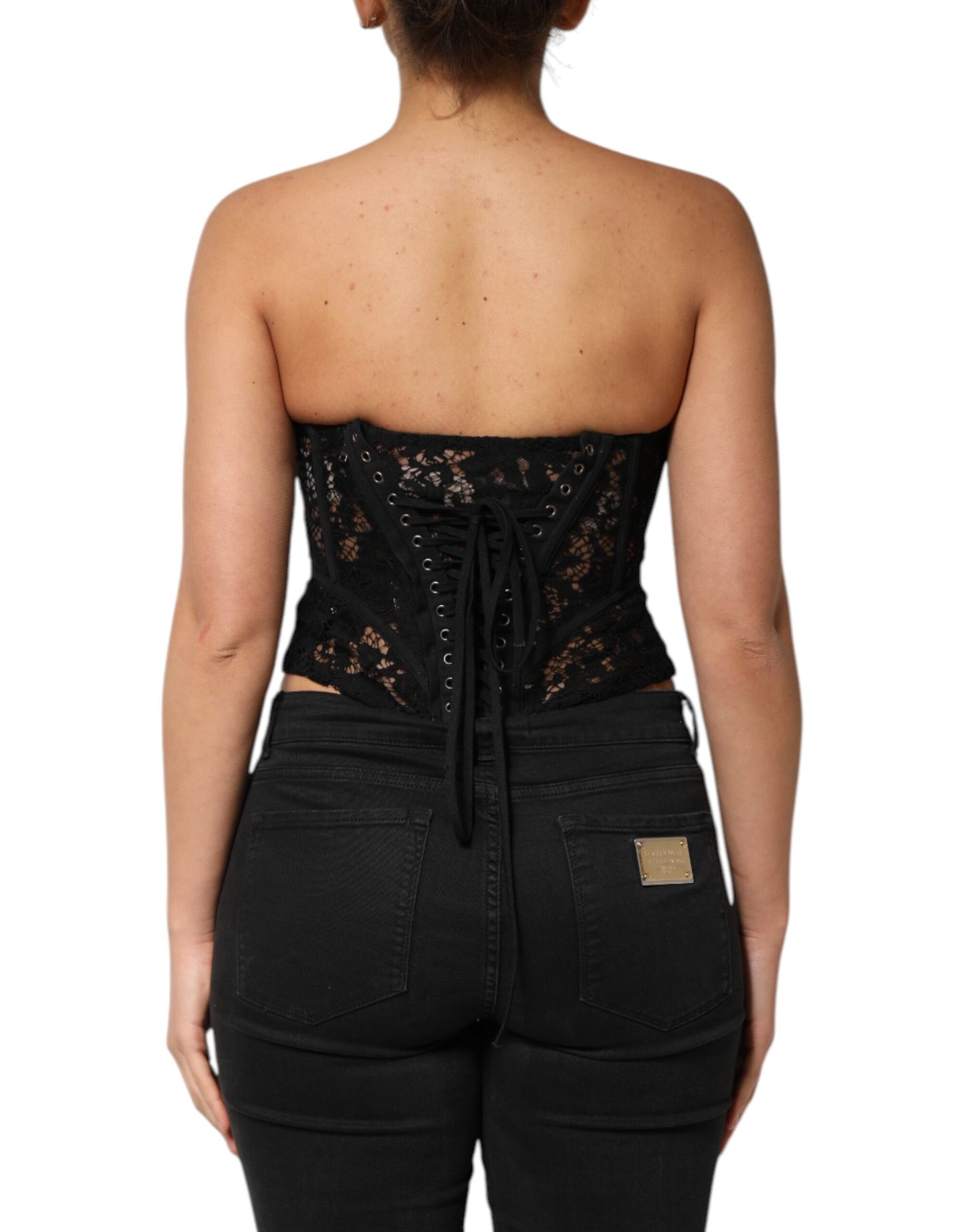 Dolce &amp; Gabbana – Schwarzes, trägerloses Bustier-Crop-Top mit Blumenspitze
