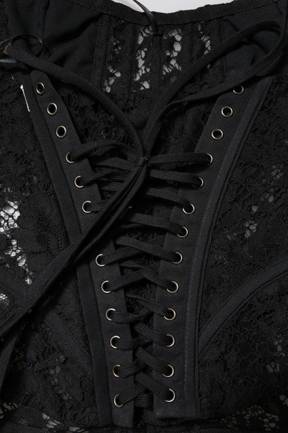 Dolce &amp; Gabbana – Schwarzes, trägerloses Bustier-Crop-Top mit Blumenspitze