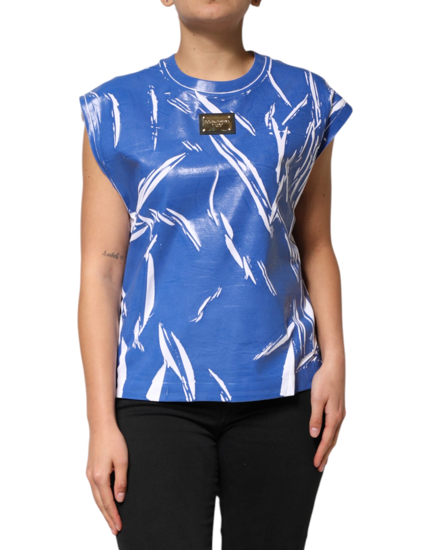 Dolce &amp; Gabbana Damen-Tanktop mit Logo-Plakette aus blau-weißer Baumwolle