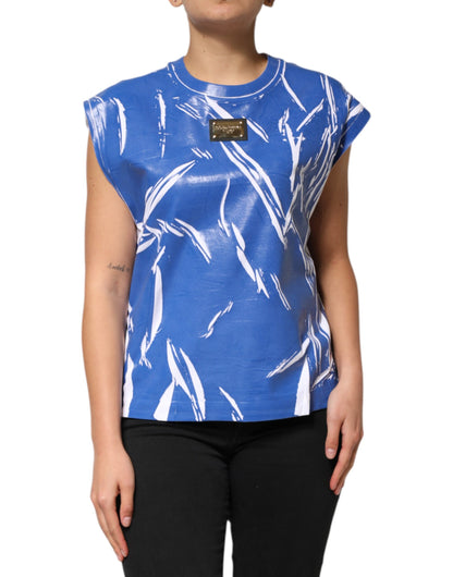 Dolce &amp; Gabbana Damen-Tanktop mit Logo-Plakette aus blau-weißer Baumwolle