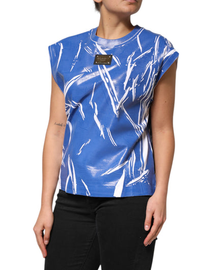 Dolce &amp; Gabbana Damen-Tanktop mit Logo-Plakette aus blau-weißer Baumwolle