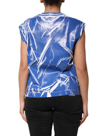 Dolce &amp; Gabbana Damen-Tanktop mit Logo-Plakette aus blau-weißer Baumwolle