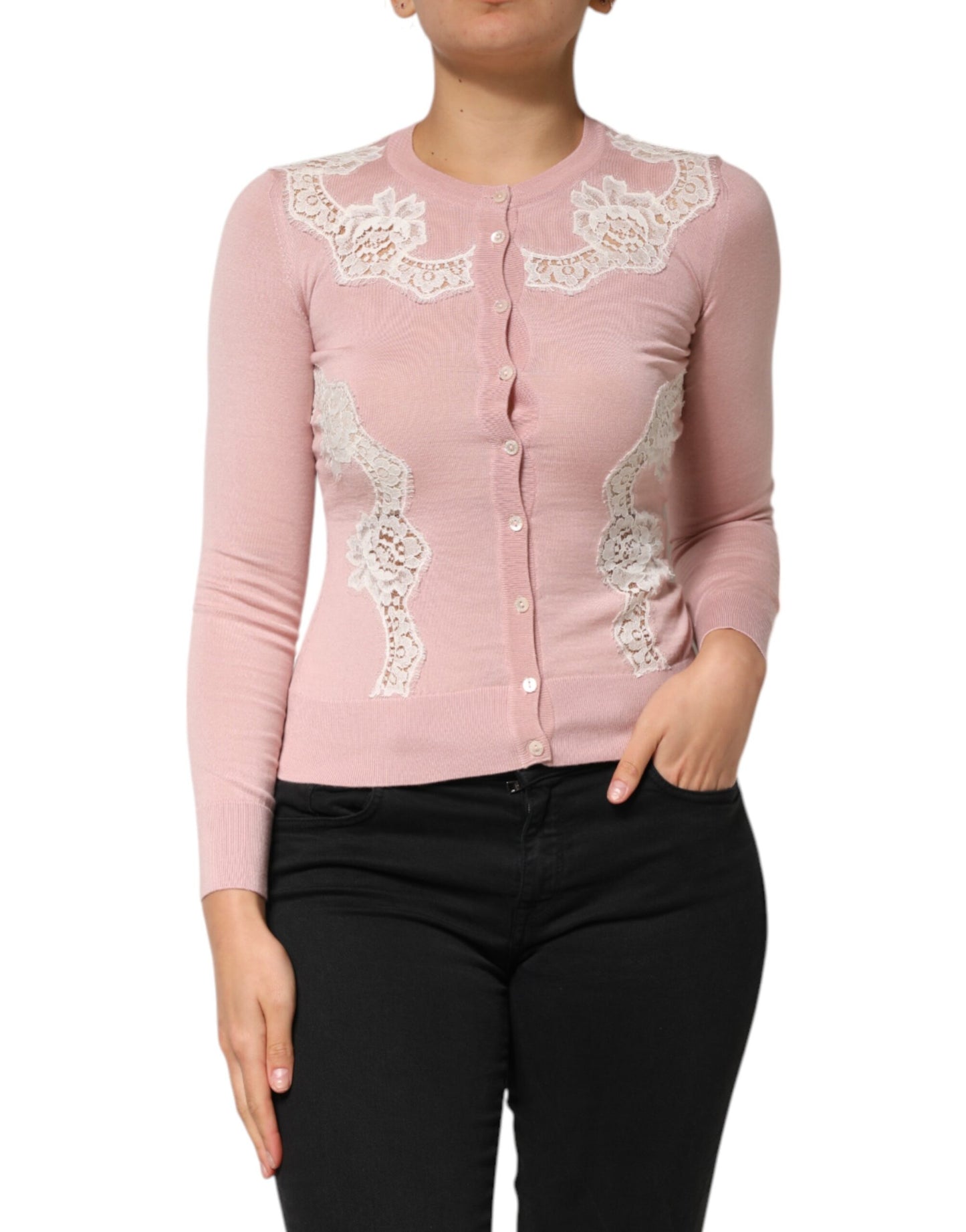 Dolce &amp; Gabbana – Rosa Strickjacke mit floraler Spitze