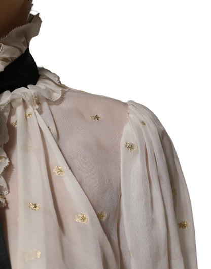 Dolce &amp; Gabbana – Langärmliges Top mit Ascot-Kragen aus Seide in Weiß und Schwarz