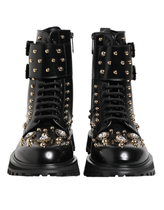 Dolce &amp; Gabbana – Schwarze, wadenlange Schnürstiefel mit Nieten