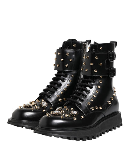 Dolce &amp; Gabbana – Schwarze, wadenlange Schnürstiefel mit Nieten