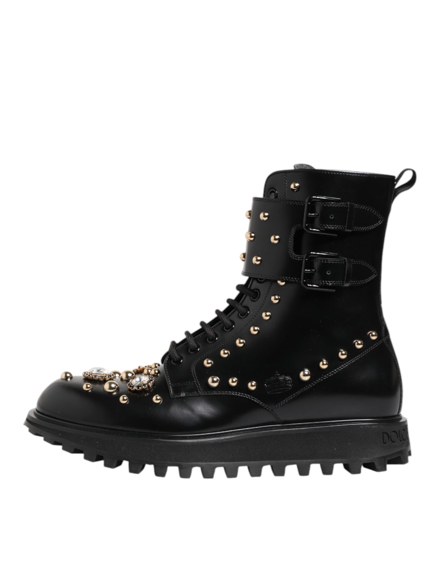 Dolce &amp; Gabbana – Schwarze, wadenlange Schnürstiefel mit Nieten