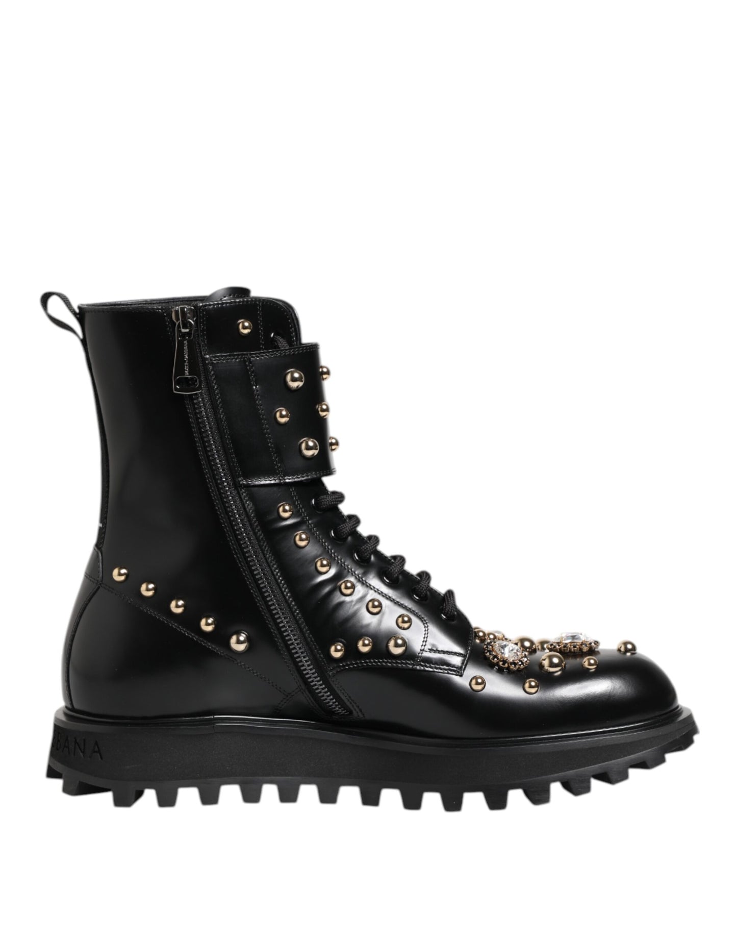 Dolce &amp; Gabbana – Schwarze, wadenlange Schnürstiefel mit Nieten