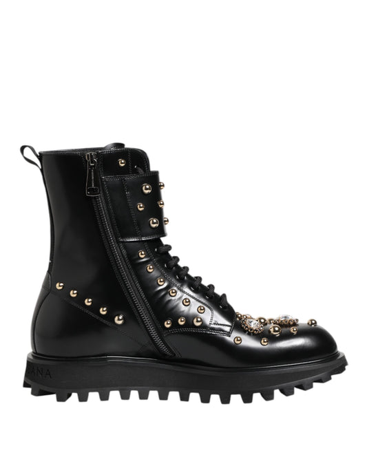 Dolce &amp; Gabbana – Schwarze, wadenlange Schnürstiefel mit Nieten