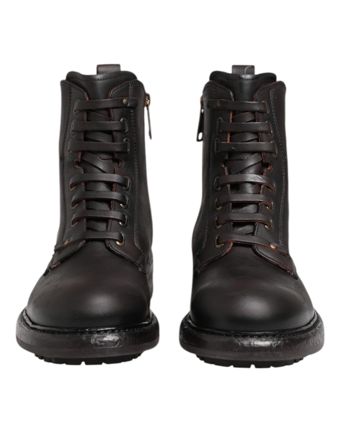 Dolce &amp; Gabbana – Dunkelbraune Lederstiefel mit Schnürung und mittlerer Wadenhöhe