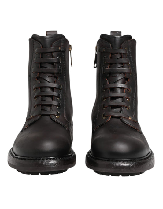 Dolce &amp; Gabbana – Dunkelbraune Lederstiefel mit Schnürung und mittlerer Wadenhöhe