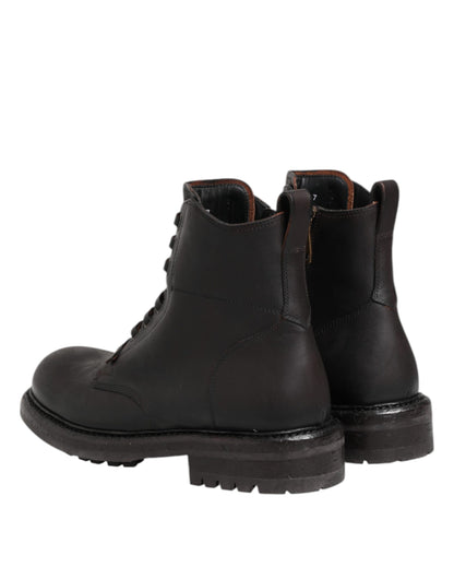 Dolce &amp; Gabbana – Dunkelbraune Lederstiefel mit Schnürung und mittlerer Wadenhöhe