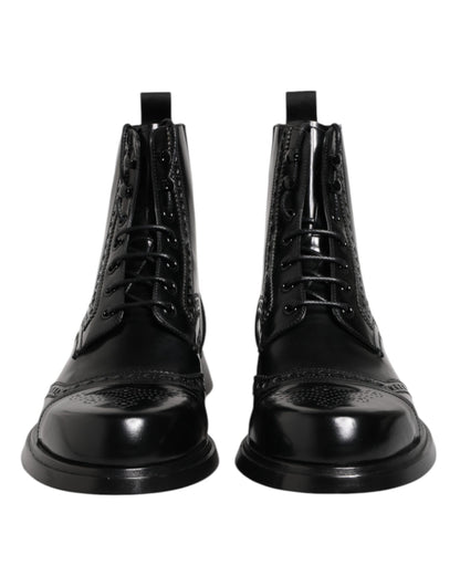 Dolce &amp; Gabbana – Schwarze, wadenhohe Schnürstiefel aus Leder