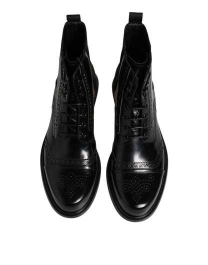 Dolce &amp; Gabbana – Schwarze, wadenhohe Schnürstiefel aus Leder