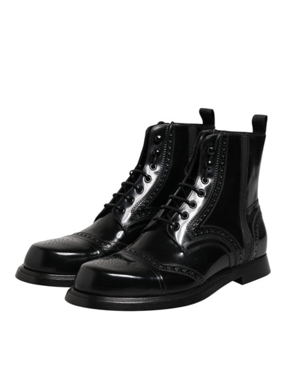 Dolce &amp; Gabbana – Schwarze, wadenhohe Schnürstiefel aus Leder