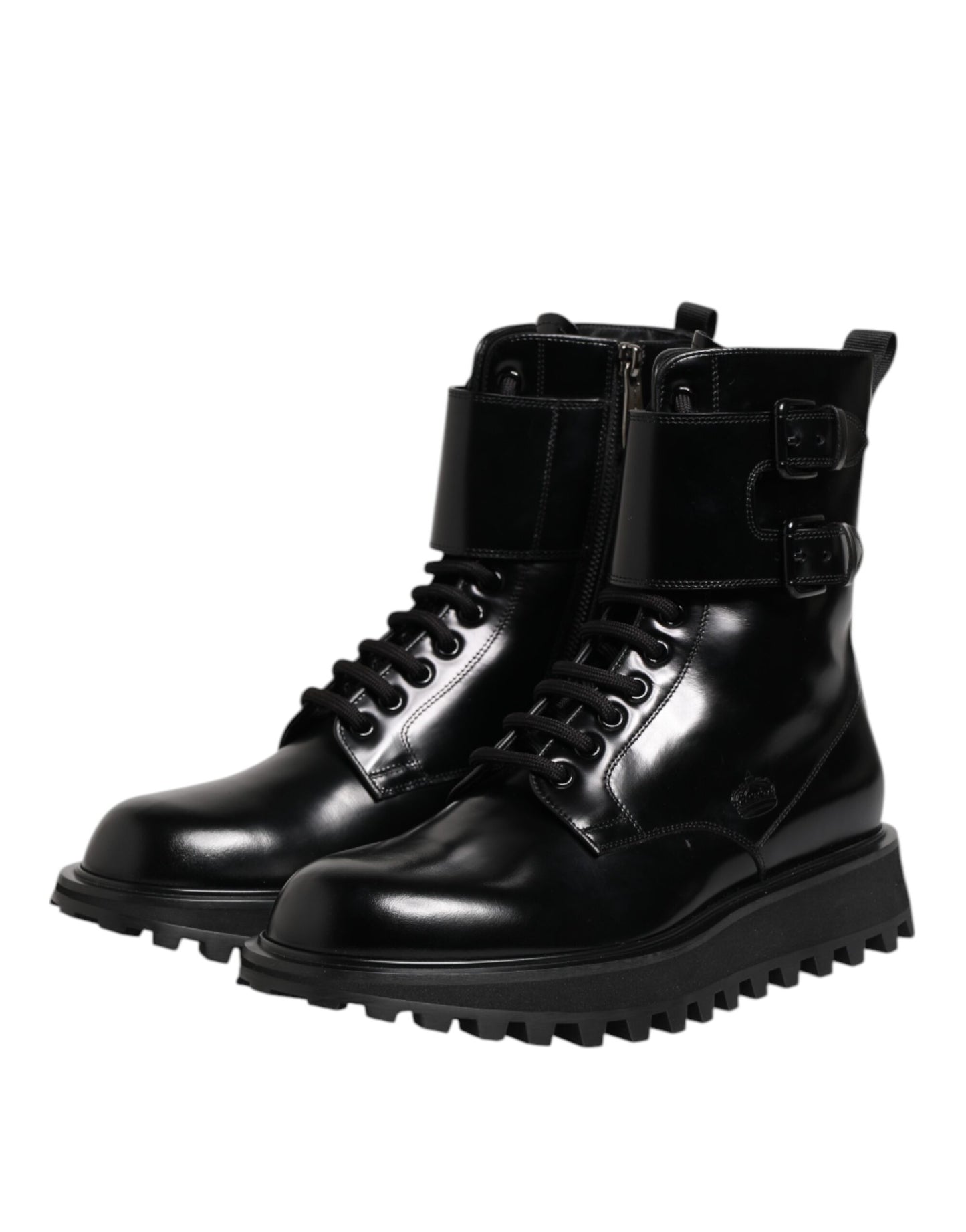 Dolce &amp; Gabbana – Schwarze, wadenhohe Schnürstiefel aus Leder
