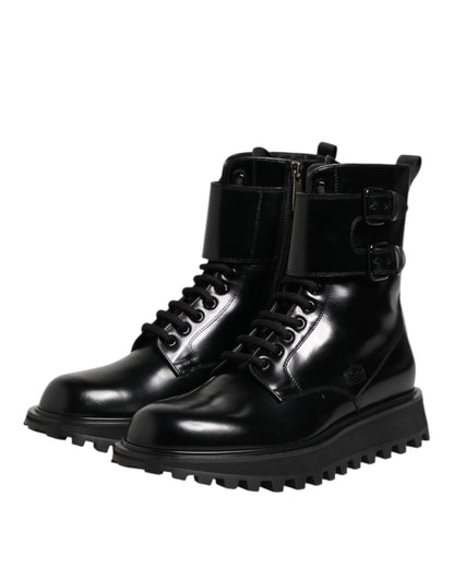 Dolce &amp; Gabbana – Schwarze, wadenhohe Schnürstiefel aus Leder