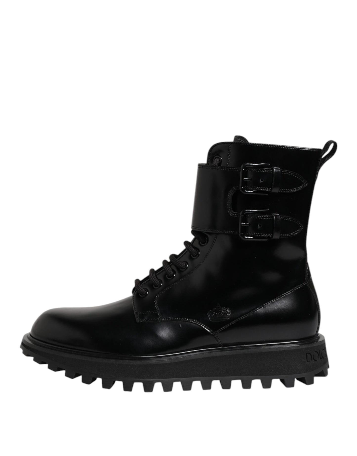 Dolce &amp; Gabbana – Schwarze, wadenhohe Schnürstiefel aus Leder