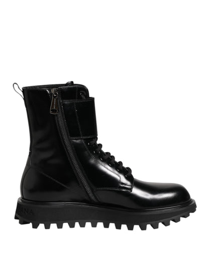 Dolce &amp; Gabbana – Schwarze, wadenhohe Schnürstiefel aus Leder