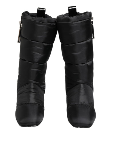Dolce &amp; Gabbana – Schwarze, gepolsterte Stiefel mit Logo-Absatz und mittelhohem Schaft