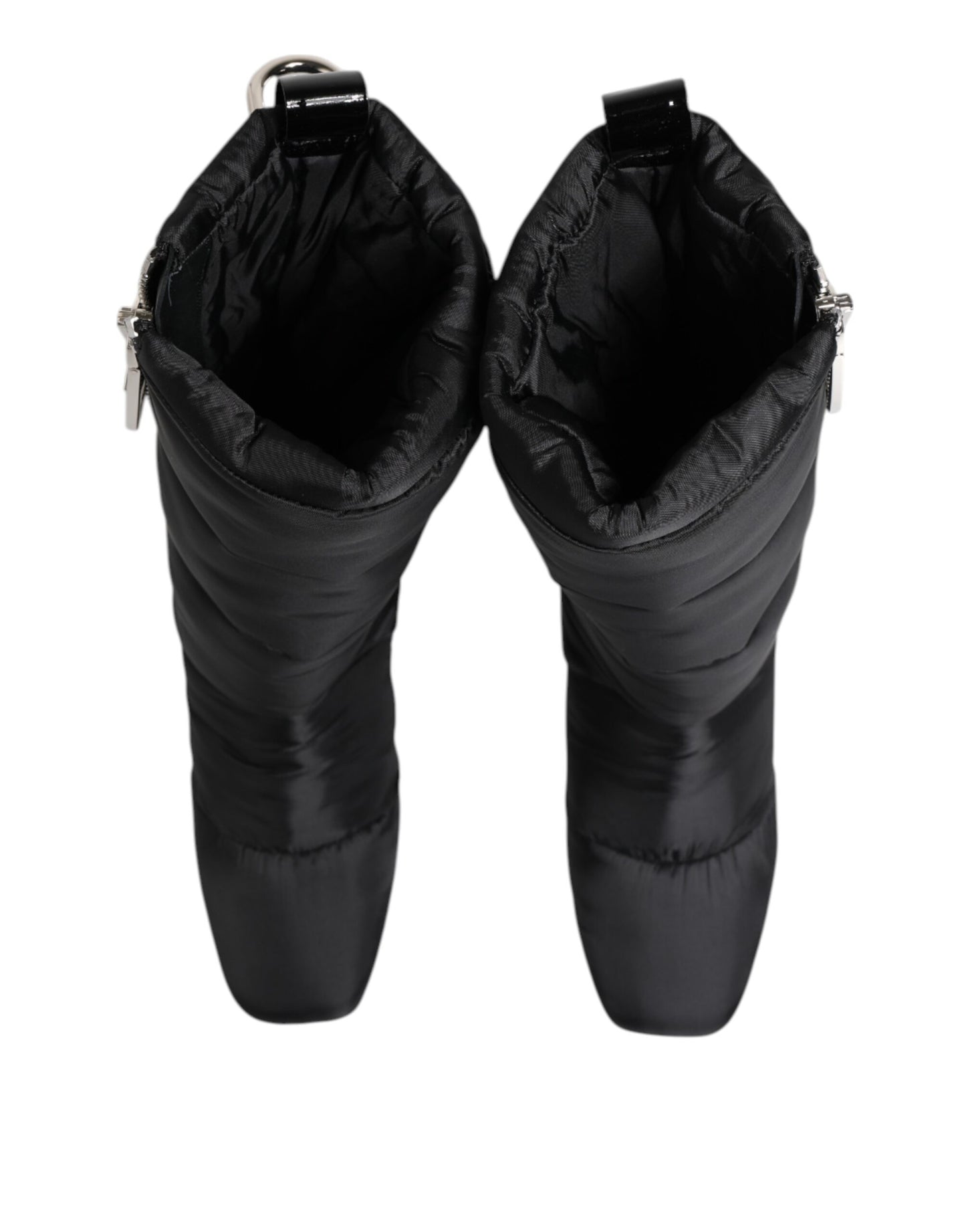 Dolce &amp; Gabbana – Schwarze, gepolsterte Stiefel mit Logo-Absatz und mittelhohem Schaft